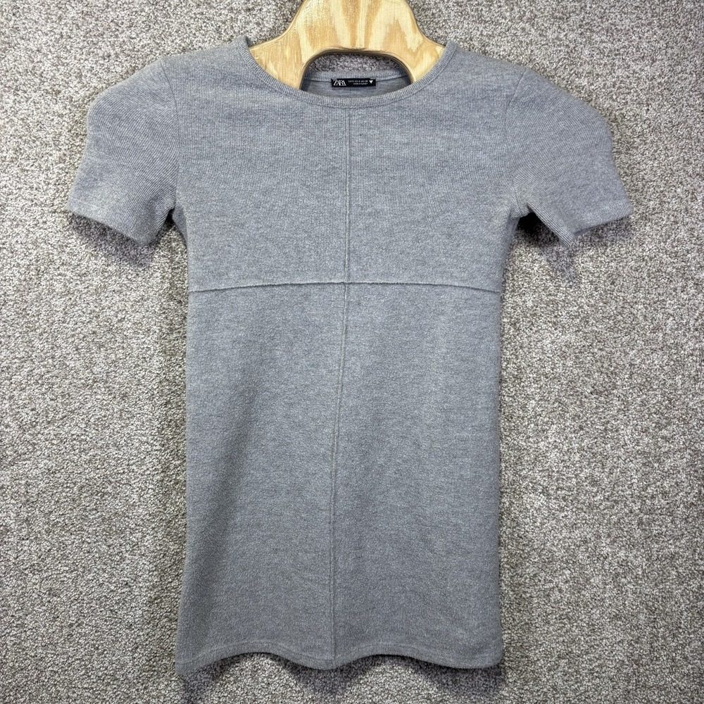 Zara Sweater Dress Womens Small Gray Knit Short Sleeve Crew Neck Sheath Mini